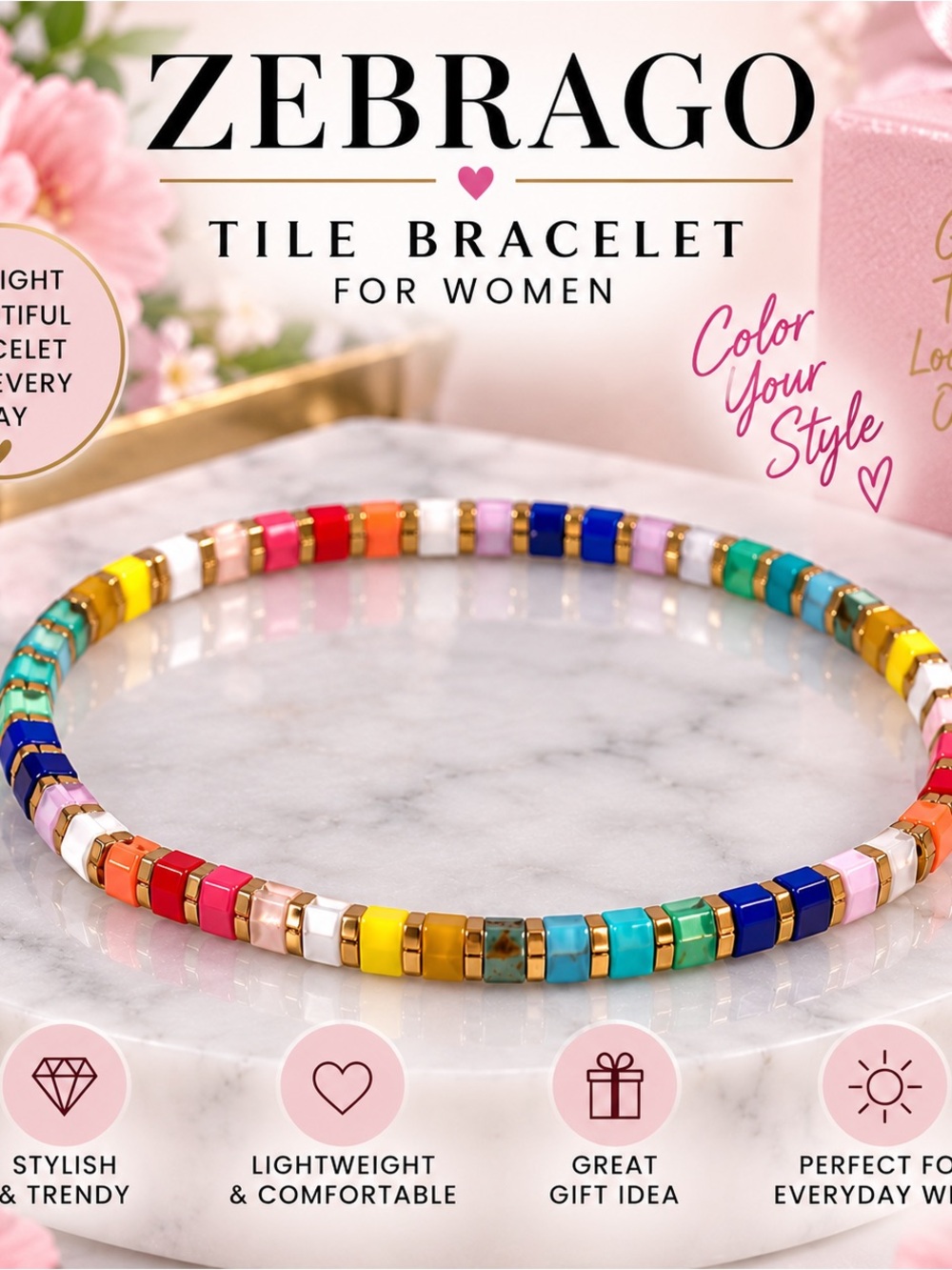 ZEBRAGO Women’s Colorful Tile Beaded Bracelet Multicolor Gold Tone New